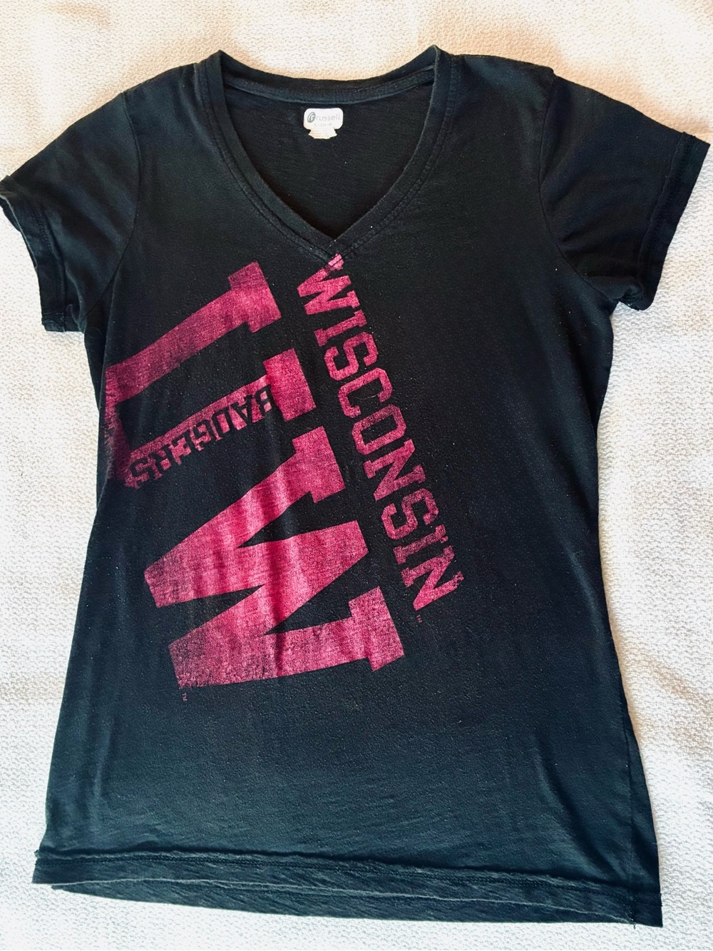 Russell Athletic Black V-Neck Tee with Hot Pink Wisconsin Print